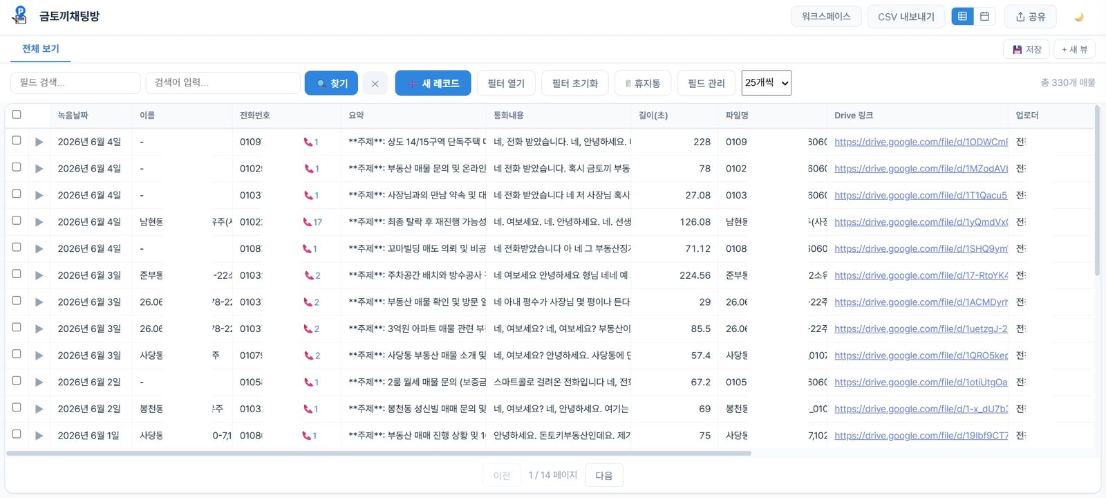 Propsheet 채팅방 데이터베이스 화면. 녹음날짜, 이름, 전화번호, 요약, 통화내용, 길이 열이 있다